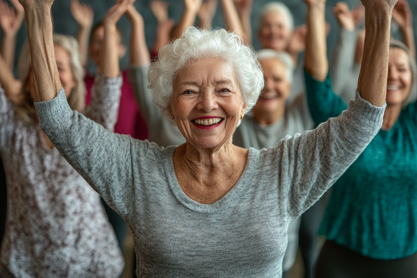 Група старших людей на заняттях з фітнесу